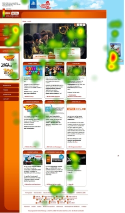 Wie betrachten Kinder Websites? Das haben die HdM-Forscher u.a. mit dem Eyetracking-Verfahren untersucht. Hier exemplarisch zu sehen: die SuperRTL-Website als Blick-'Heatmap'. (Screenshot: HdM)