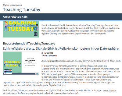 Digitale Ethik in der Lehre: Vortrag in der Reihe '#TeachingTuesdays' am Zentrum für LehrerInnenbildung der Uni Köln (Screenshot: Oliver Zöllner).